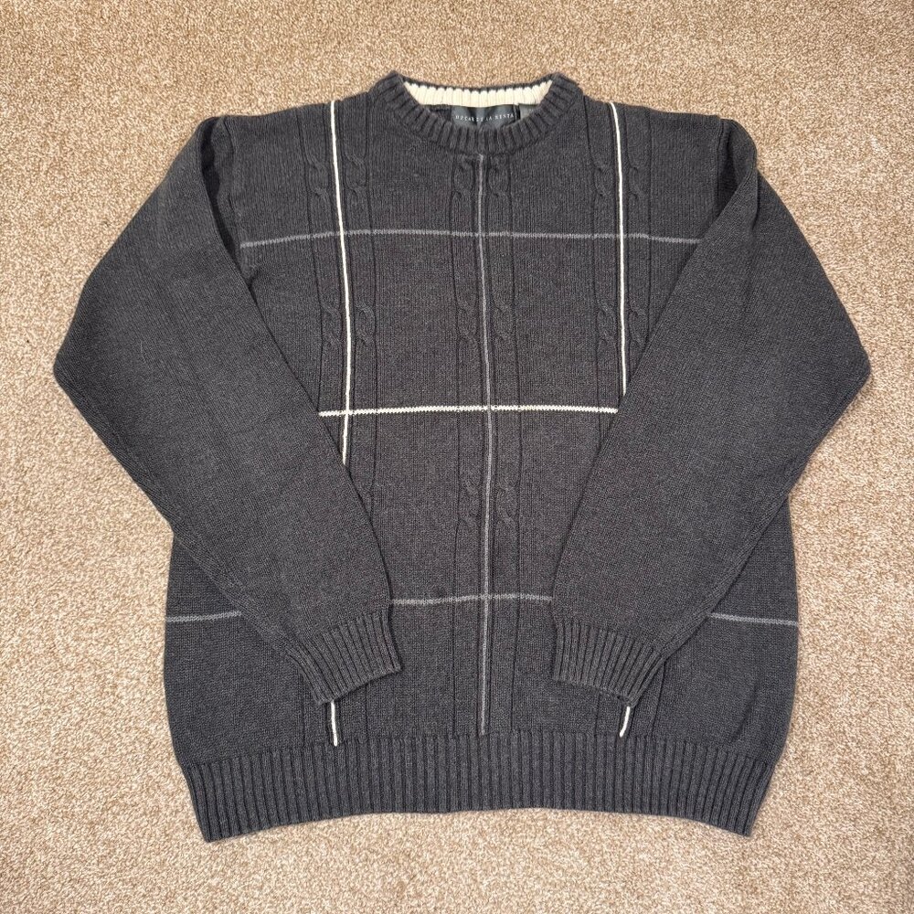 Mens XL OSCAR DE LA RENTA Gray Cable Knit Long Sleeve V-Neck Pullover Sweater